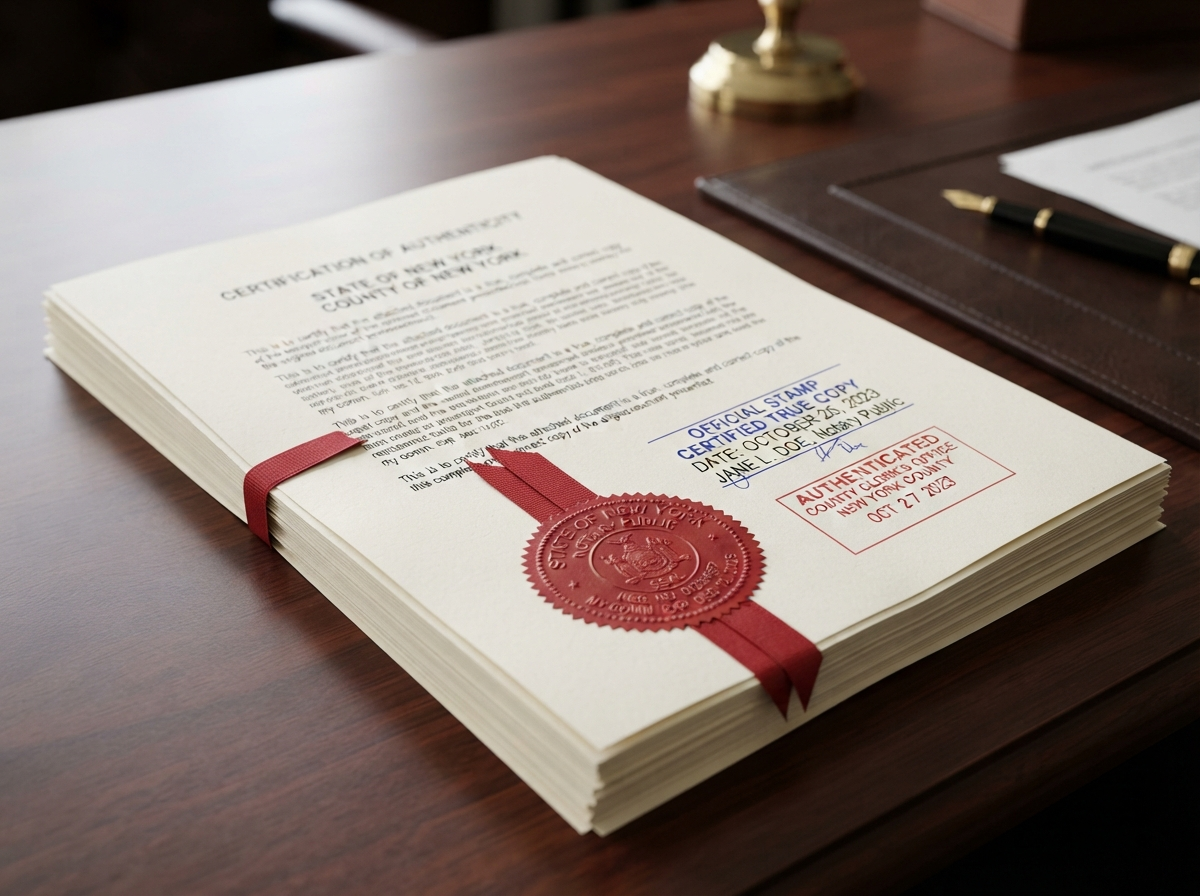 Certified legal documents with notary seal and stamps