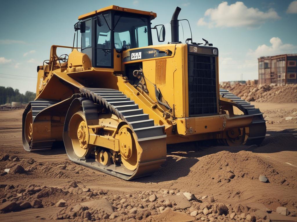 A close-up shot of a heavy-duty dozer in action on a construction site, showcasing its powerful machinery and robust design. The background should be a clear blue sky, emphasizing the dozer's strength and capability in a realistic setting. The image should be rendered in high-resolution, capturing intricate details and textures of the dozer.