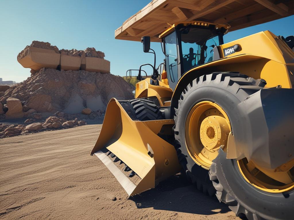 a high-resolution close-up of a modern wheel loader on a construction site, showcasing its powerful design and functionality, with a clear blue sky and minimal background distractions, shot with a 45mm f/1.2 lens.