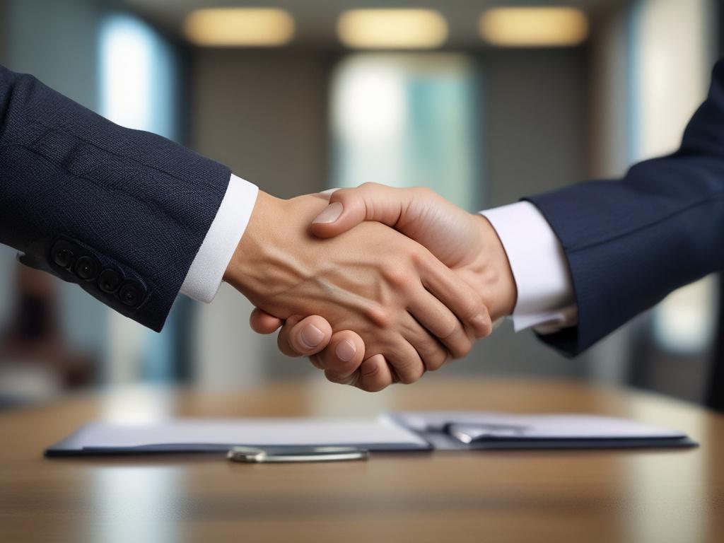 A close-up shot of a business professional shaking hands with a client, showcasing a sense of trust and partnership. The background features a modern office setting with soft lighting, emphasizing a professional atmosphere. The image should be rendered in hyper-realistic detail, suitable for online use, with a focus on the subjects and a shallow depth of field to create a warm and inviting ambiance.