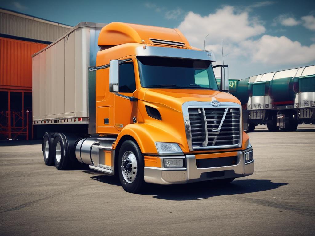 A high-resolution close-up shot of a prime mover truck, showcasing its sleek design and chrome details, set against a blurred industrial background. The truck should be the sole focus, capturing the essence of strength and reliability in transport, with vibrant colors that represent the rgb(0, 166, 223) primary color.
