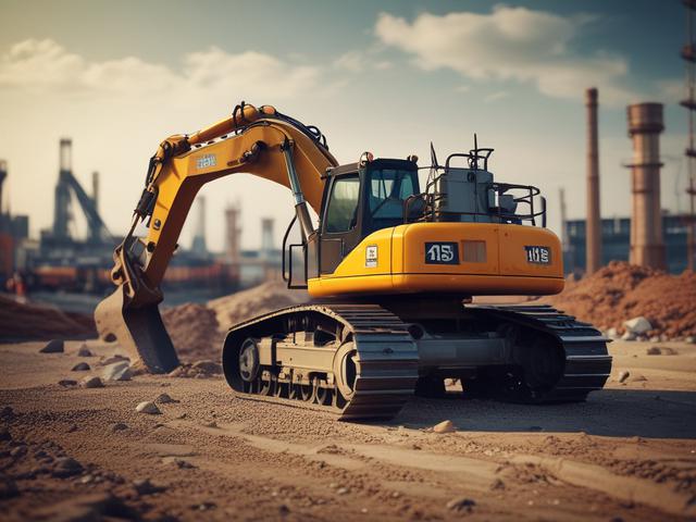 A realistic high-resolution close-up of a modern construction machine, shot with a 45mm f/1.2 lens, against a blurred industrial background, emphasizing machinery details and functionality.