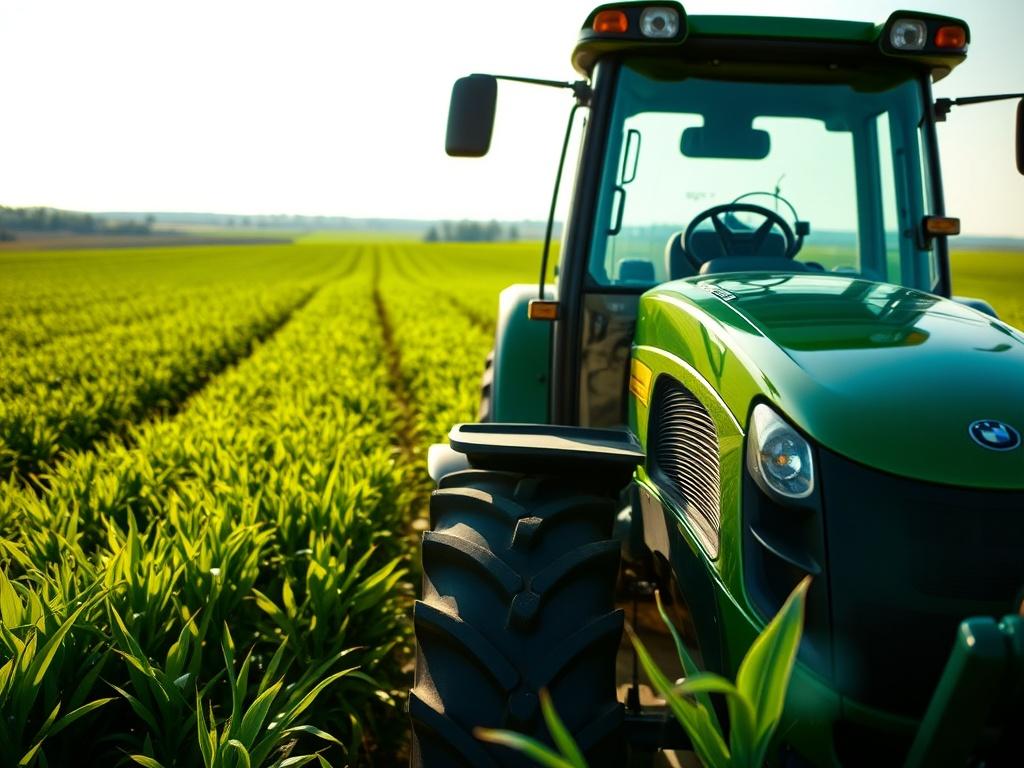 A close-up shot of a modern tractor in a lush green field, with sunlight illuminating the machinery. The tractor stands as a symbol of efficiency and productivity in farming, with the landscape stretching out in the background, reflecting agricultural success.