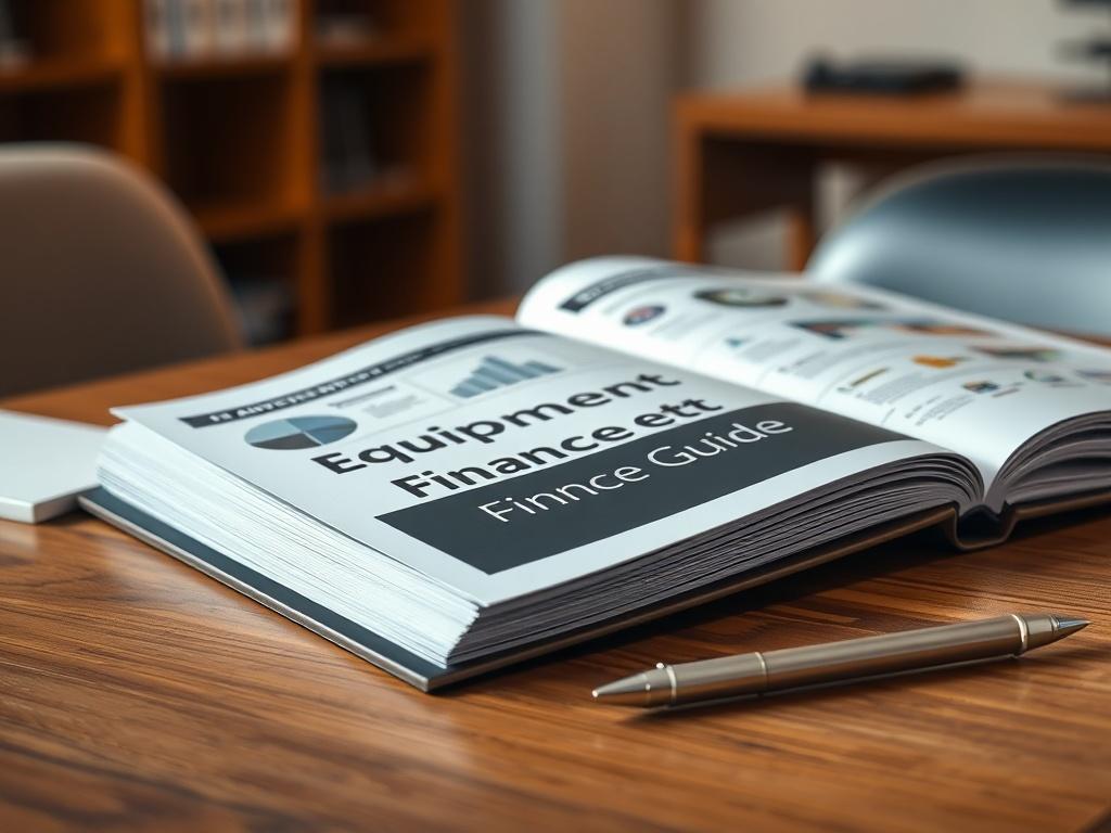 A close-up shot of a professional business guidebook titled 'Equipment Finance Guide' on a wooden desk, with a pen beside it. The background is softly blurred to highlight the guidebook, which is open to a page showing diagrams and financial charts, in a warm, inviting office environment.