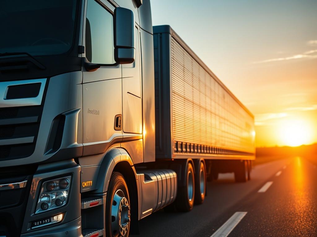 A close-up shot of a modern truck with a trailer parked on a highway, the sun setting in the background. The truck is gleaming, showcasing its features with the road stretching ahead, symbolizing the journey and possibilities in transport and logistics.