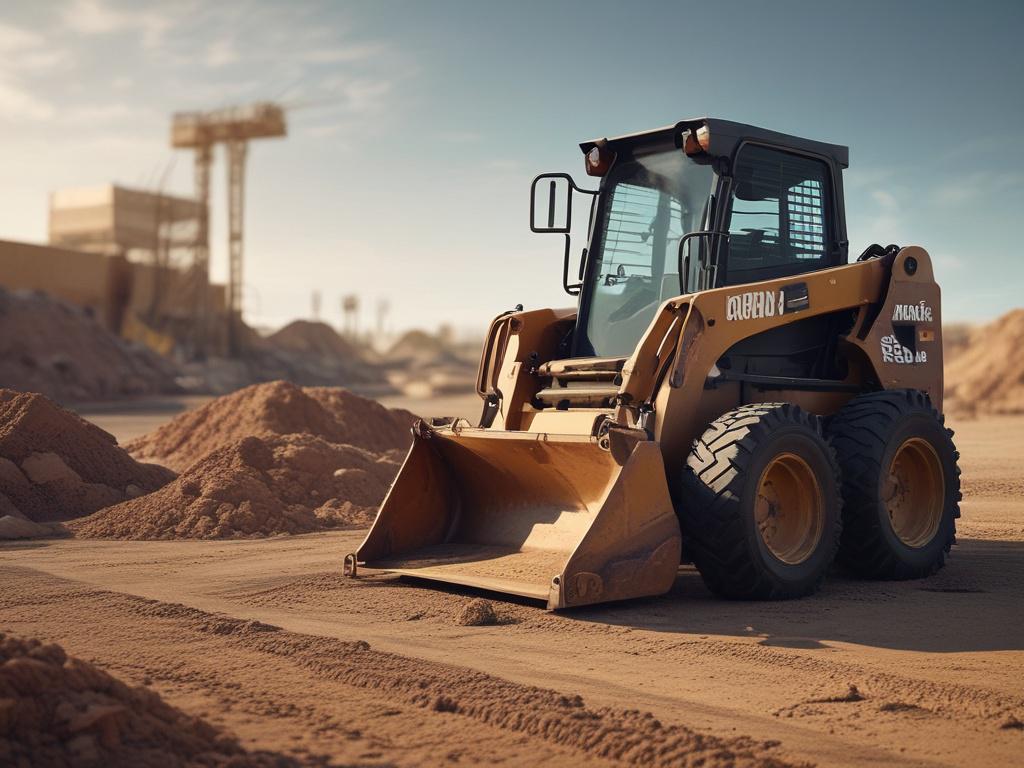 A hyper-realistic close-up of a skid steer loader parked on a construction site, showcasing its detailed features. The background should include blurred construction elements like piles of dirt and equipment, with a focus on the skid steer. The image should be vibrant and captured with a 45mm f/1.2 lens style, complementing the primary color rgb(0, 166, 223).