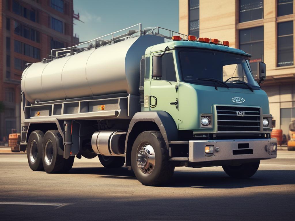 A hyper-realistic close-up shot of a modern water truck, showcasing its sleek design and robust features. The truck is parked in a construction site, with a clear blue sky in the background. The focus should be on the water truck, highlighting its utility and design, captured with a 45mm f/1.2 lens style.