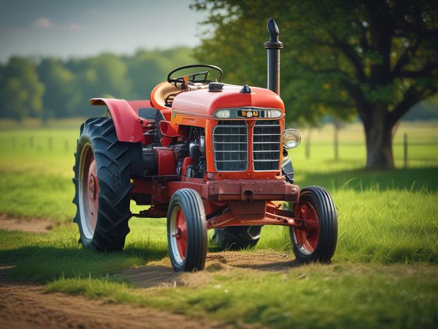 A close-up shot of a modern tractor in a rural setting, showcasing its detailed features and vibrant colors. The tractor should be prominently centered, with a blurred green field in the background, capturing the essence of agricultural life. The image should be realistic and high-resolution, emphasizing the tractor's robust design and functionality.