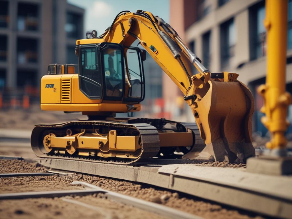 A hyper-realistic close-up shot of a Posi Track machine on a construction site, with a blurred background showcasing machinery and tools in action. The focus is on the Posi Track, highlighting its features and robust design, shot with a 45mm f/1.2 lens style, in bright lighting to enhance the colors.