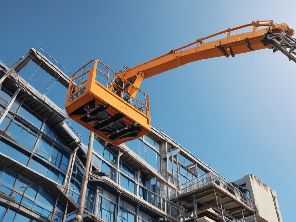 A high-resolution close-up of a boom lift in action, showcasing its extended arm reaching for a construction site. The background should be a clear blue sky to emphasize the lift's height and functionality, shot with a 45mm f/1.2 lens for a soft-focus effect on the background.