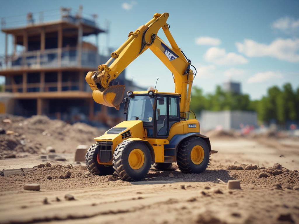 A close-up shot of a modern grader working on a construction site, showcasing its features in action. The background should include a clear blue sky and construction elements, emphasizing the machinery's role in development. Shot with a 45mm f/1.2 lens for a hyper-realistic effect.