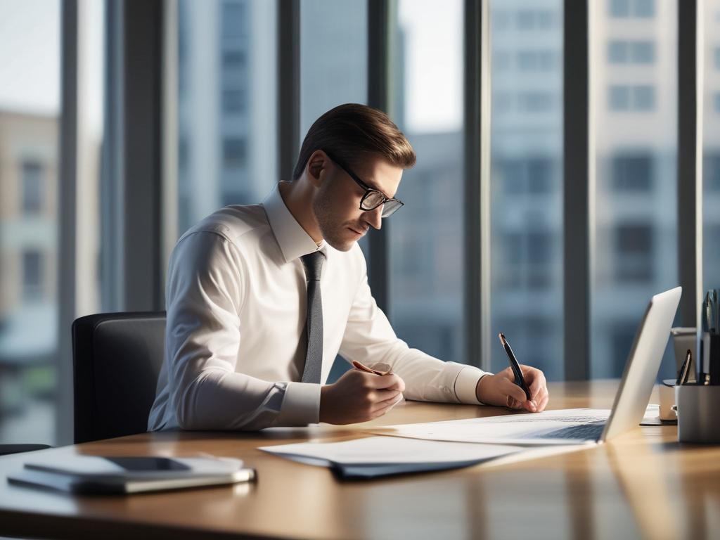 A professional financial advisor sitting at a modern office desk, reviewing documents with a laptop open, bright natural light filtering through a window, simple and clear composition, focus on the advisor's engaged expression, hyper-realistic style, shot with a 45mm f/1.2 lens.
