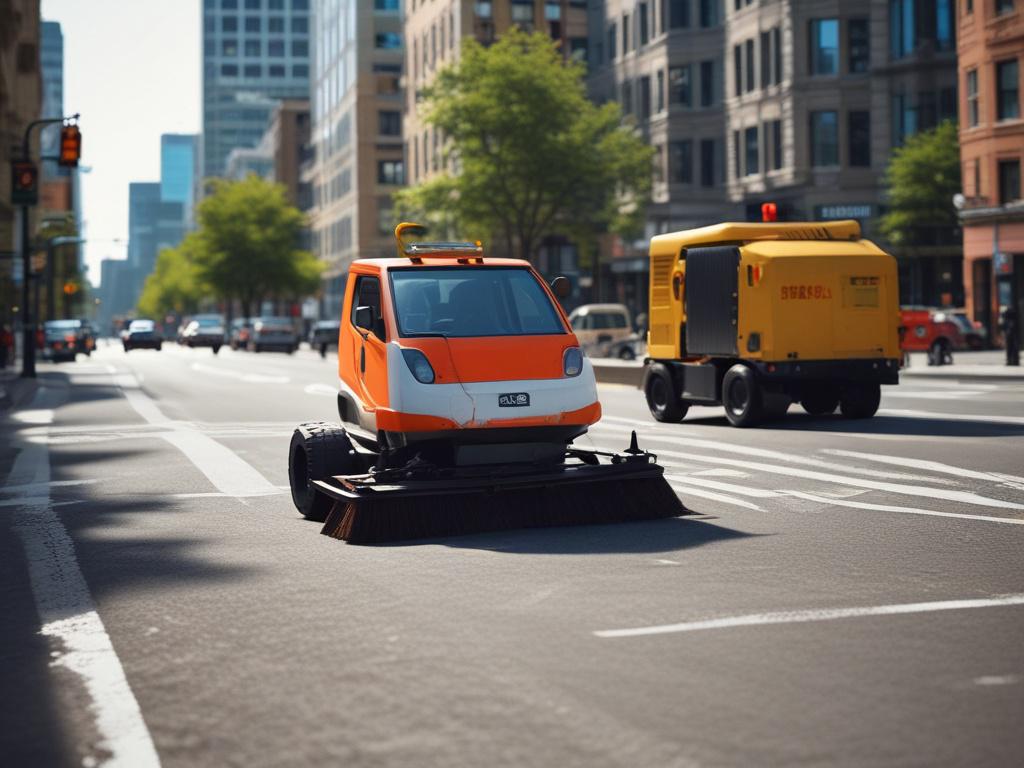 A close-up shot of a modern street sweeper on a city street, showcasing its sleek design and functionality. The background features a clean urban environment with minimal distractions, emphasizing the street sweeper as the main subject. The image captures the details of the machine's components, showcasing its brushes and vacuum system, rendered in hyper-realistic quality, shot with a 45mm f/1.2 lens style.