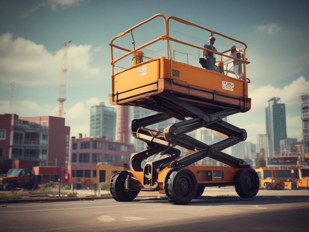A high-resolution close-up shot of a scissor lift in action, showcasing its features and functionality. The background should be a clean construction site, focusing on the lift's details and vibrant colors, shot with a 45mm f/1.2 lens to emphasize depth of field.