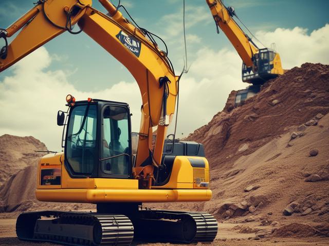 A high-resolution close-up shot of an excavator in operation, showcasing its detailed machinery and vibrant colors. The background should be a blurred construction site, emphasizing the excavator as the main subject. The image should have a realistic appearance, shot with a 45mm f/1.2 lens style, compatible with the rgb(0, 166, 223) primary color.