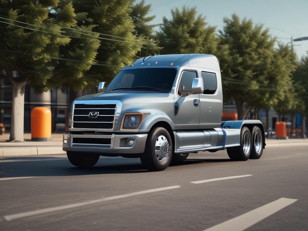 A close-up shot of a modern truck parked on a clean, professional backdrop, showcasing its details like wheels, headlights, and design features. The focus should be sharp on the truck, while the background remains softly blurred, incorporating rgb(0, 166, 223) in subtle elements to create a cohesive look.