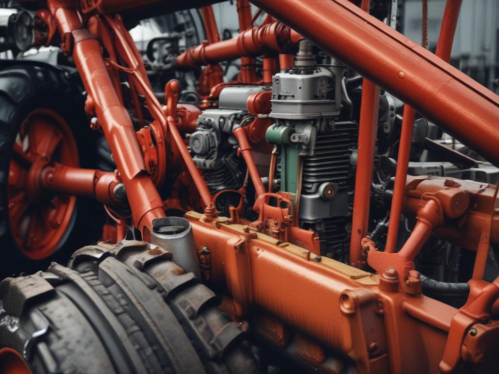 A hyper-realistic close-up shot of a high-value machinery piece, such as an industrial tractor or construction equipment, in a professional setting. The focus should be on the equipment's details, with a soft-focus background that subtly incorporates rgb(0, 166, 223) elements, enhancing the visual impact.