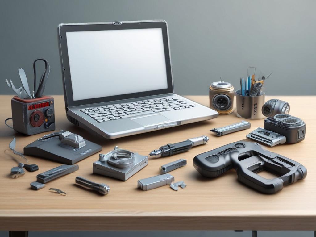 A hyper-realistic close-up shot of various pieces of business equipment, such as machinery, tools, and technology products, placed on a clean, simple surface. The background should be soft-focused to highlight the equipment, with a color palette featuring rgb(0, 166, 223). The image should convey professionalism and modernity.