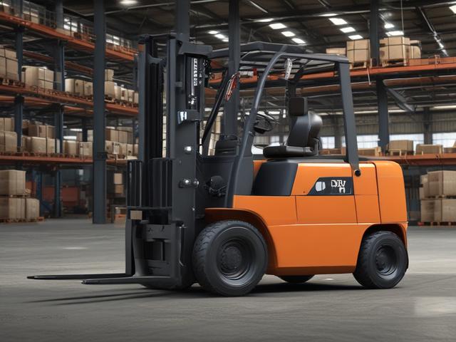 A hyper-realistic close-up shot of a modern forklift in an industrial setting, showcasing its features and design. The background should be slightly blurred to emphasize the forklift, with a focus on realistic lighting and details. The image should convey a sense of efficiency and power, shot with a 45mm f/1.2 lens.