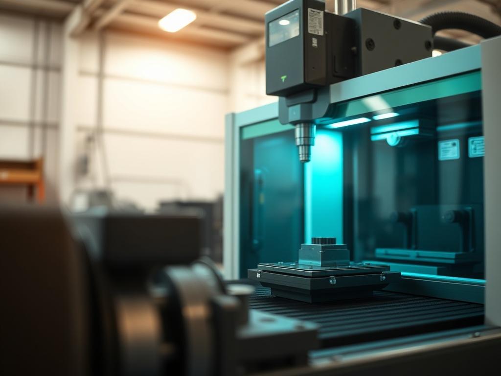 A close-up shot of a modern piece of industrial equipment, such as a CNC machine, in a well-lit workshop. The image should focus on the machinery's intricate details, showcasing its sophistication and utility. The background should be blurred to emphasize the equipment, with a color palette that includes the primary color rgb(0, 166, 223). The composition should be simple and clear.