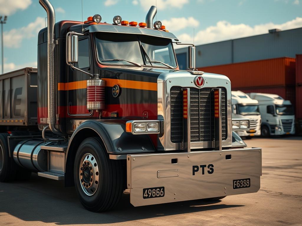 A high-resolution close-up of a heavy-duty truck parked in a logistics yard, highlighting its powerful design and functionality. The background should feature other transport vehicles in a slightly blurred manner, with a clear focus on the truck. The lighting should be natural and vibrant, enhancing the truck's colors, with a color scheme that includes rgb(0, 166, 223).