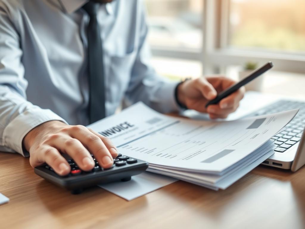 A close-up shot of a business professional reviewing invoices on a desk, with a calculator and a laptop in the background. The image should convey a sense of financial management and organization, focusing on the invoices and the individual. The setting should be bright and professional, featuring elements that align with the primary color rgb(0, 166, 223).