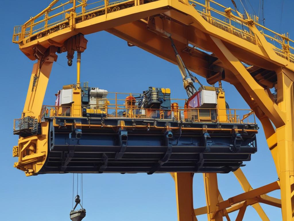 Close-up shot of a large crane against a clear blue sky, showcasing intricate details of the crane's structure, with a focus on its hydraulic components and boom. The image should have a simple background to emphasize the crane, captured with a 45mm f/1.2 lens style.