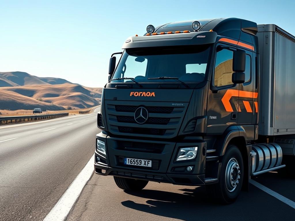 A close-up shot of a modern truck parked on a scenic highway, showcasing its robust design and functionality. The background should feature rolling hills and a clear blue sky, emphasizing the vehicle's readiness for transport. The image should be hyper-realistic, captured with a 45mm f/1.2 lens, focusing on the truck with vibrant colors, particularly incorporating the primary color rgb(0, 166, 223) in the surrounding elements.