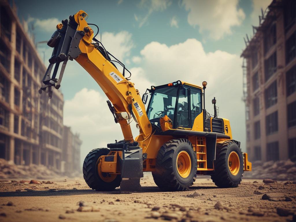 A high-resolution close-up of a telehandler in a construction site, showcasing its robust features and capabilities. The background should be a blurred construction environment, emphasizing the telehandler as the main focus. The image should be shot with a 45mm f/1.2 lens style, with vibrant colors and sharp details.