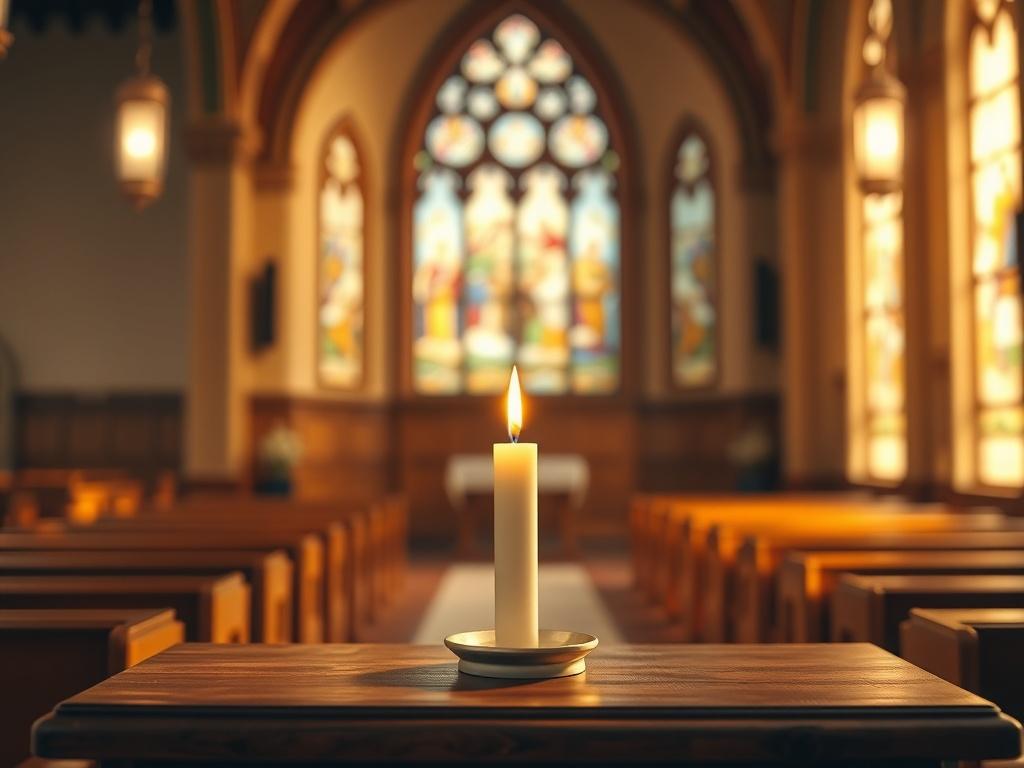 A serene church interior with warm golden lighting, featuring a