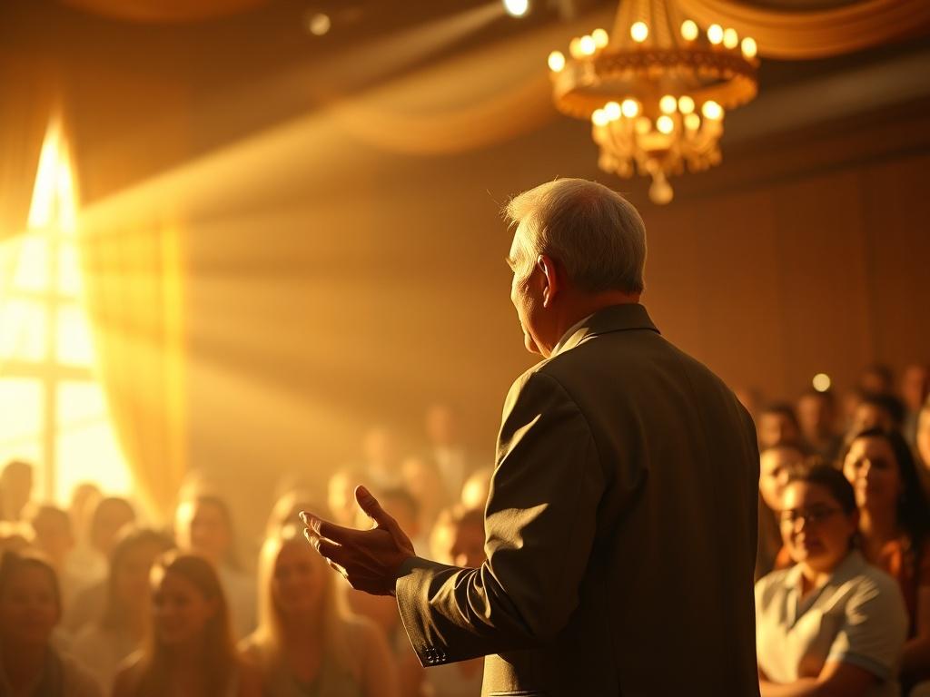 A powerful image of an inspiring leader speaking to a