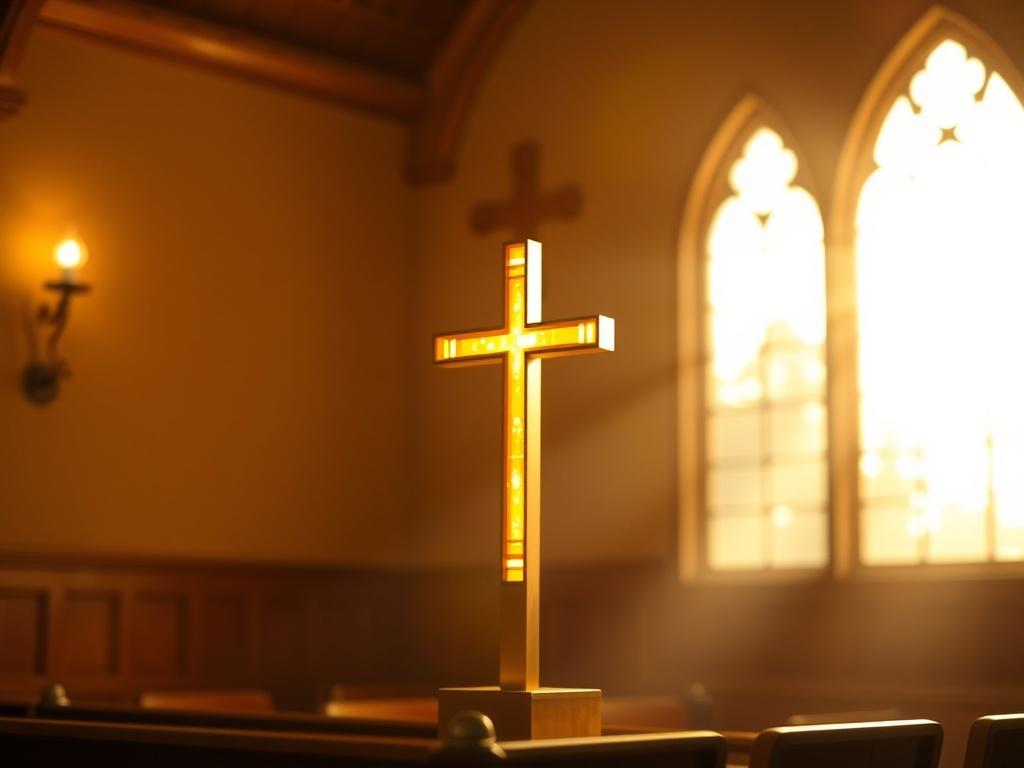 A serene image of a golden cross shining in soft