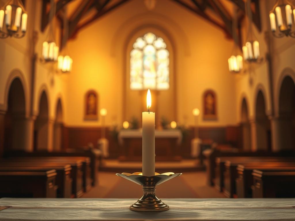 A serene image depicting a warm, inviting church environment, with