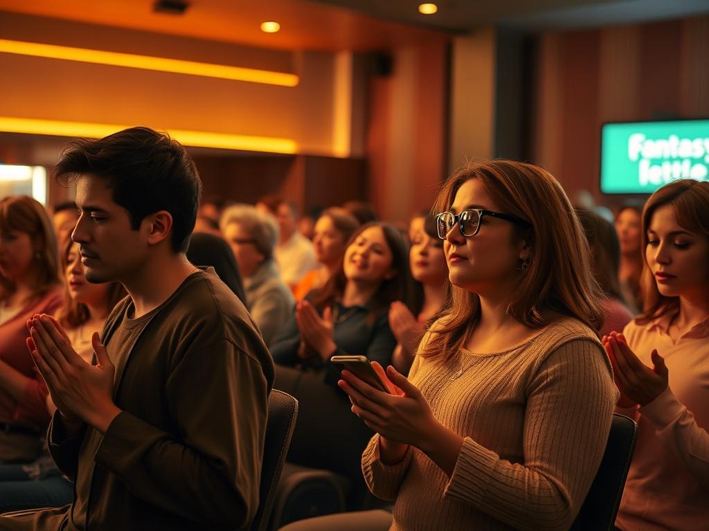 A serene gathering at Fantasy Land Cinema 3, with people warmly engaging in prayer and worship. Soft lighting creates a cozy atmosphere, highlighting individuals in reflection and connection. The scene is filled with golden hues, evoking a sense of peace and community. In the background, the cinema's interior is visible, enhancing the welcoming environment.