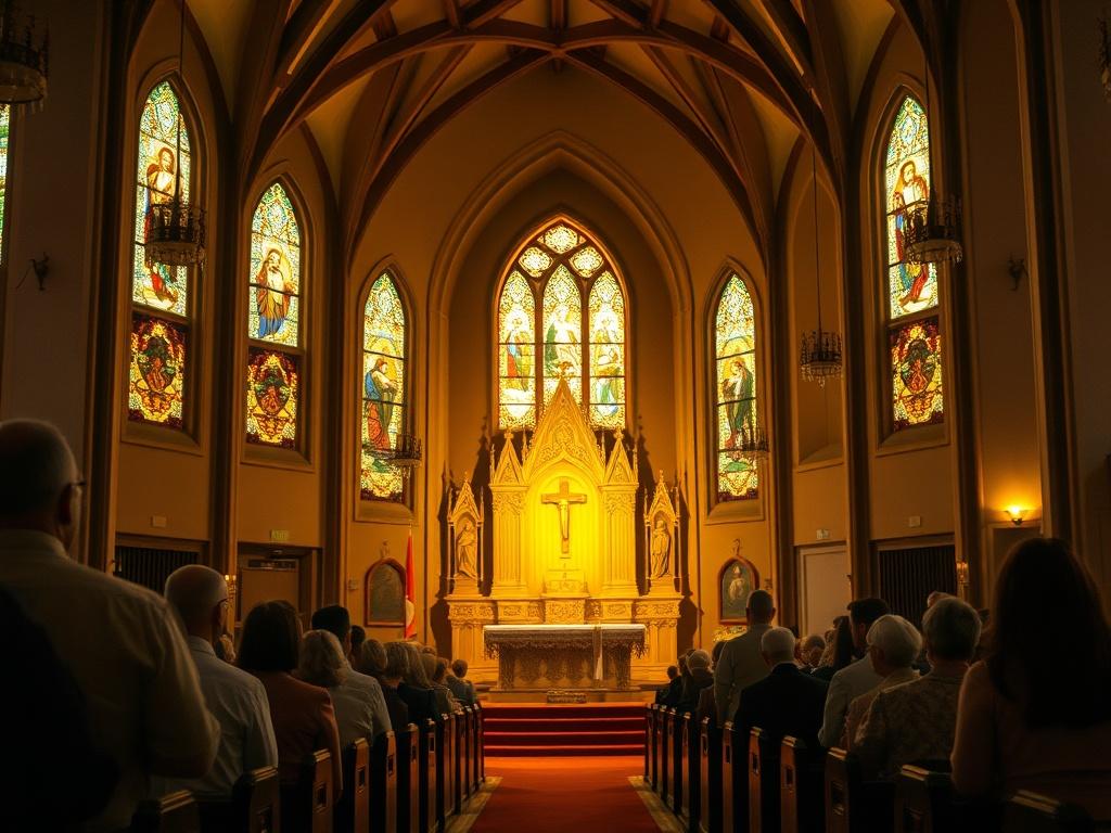 A serene and inviting church interior during a Sunday service. The focal point is a beautifully decorated altar with soft golden lighting illuminating the space. People are gathered in prayer and worship, creating a peaceful atmosphere. The background features stained glass windows casting warm hues, enhancing the spiritual ambiance.