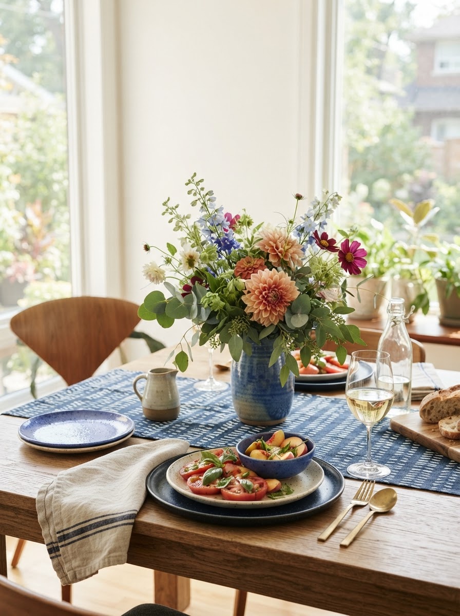 Seasonal flowers and local produce arranged on a dining table