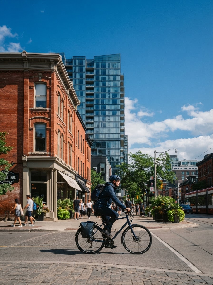Toronto brick storefronts beside a modern city building