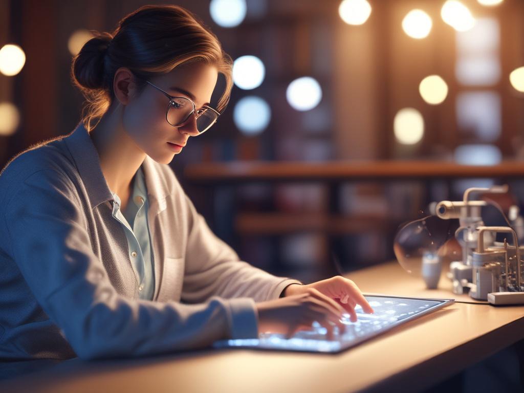 A high-resolution image depicting a student engaged in an interactive engineering learning platform, soft tones, gentle lighting, peaceful atmosphere.