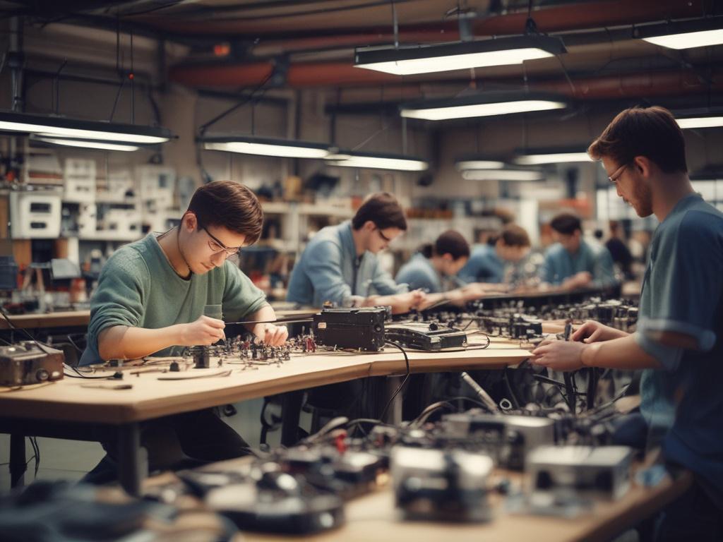 a realistic high resolution of an electronics workshop, with students