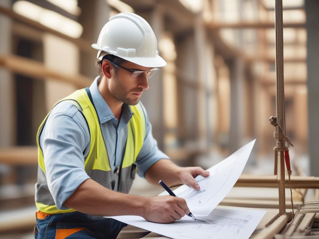 A realistic high-resolution photo of a civil engineer working on a construction site, with blueprints and tools in the foreground, soft natural lighting, and a peaceful atmosphere.