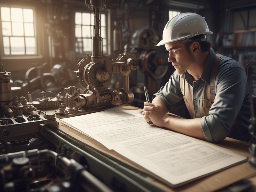 A realistic high-resolution photo of a mechanical engineer analyzing machinery, with tools and technical drawings around, soft natural lighting, and a peaceful atmosphere.