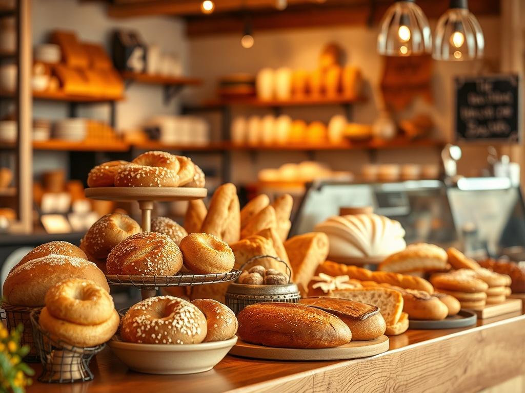 A cozy, inviting bakery scene showcasing a beautifully arranged display