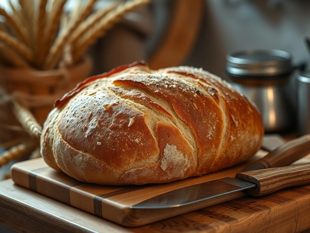 A freshly baked artisan sourdough bread loaf, beautifully shaped with