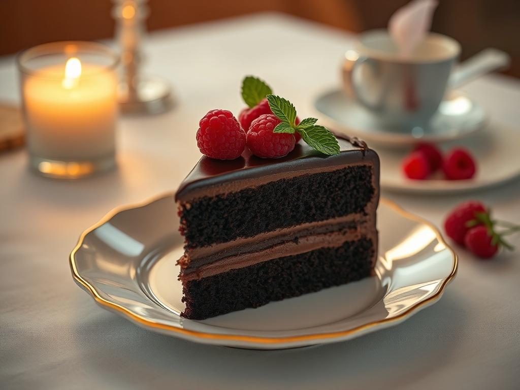 A slice of decadent chocolate cake on a delicate porcelain