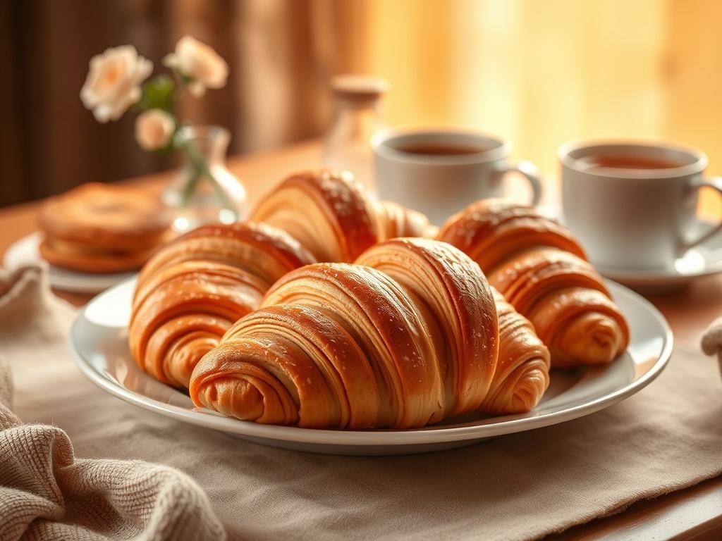 A plate of freshly baked croissants arranged artfully, showcasing their
