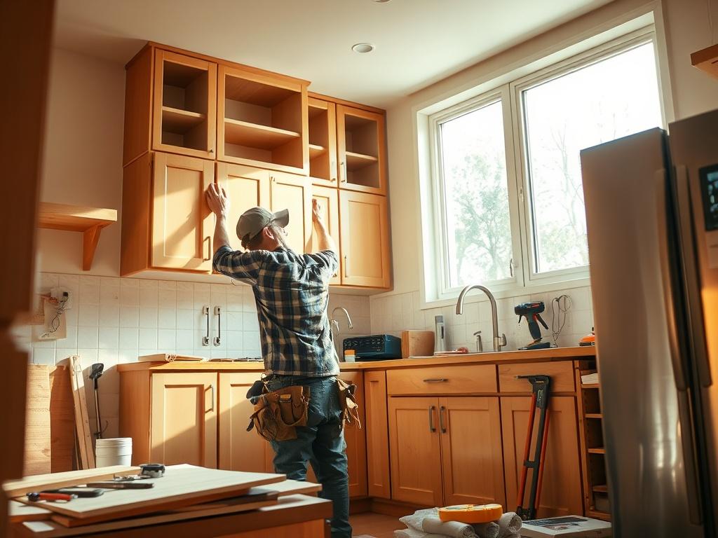 A cozy, well-lit kitchen renovation scene featuring a skilled construction worker installing cabinets. The worker is focused and wearing a tool belt, surrounded by various tools and materials. The background shows freshly painted walls and bright natural light coming through the window, creating a serene atmosphere. The overall color palette includes warm golden hues, emphasizing a welcoming environment.