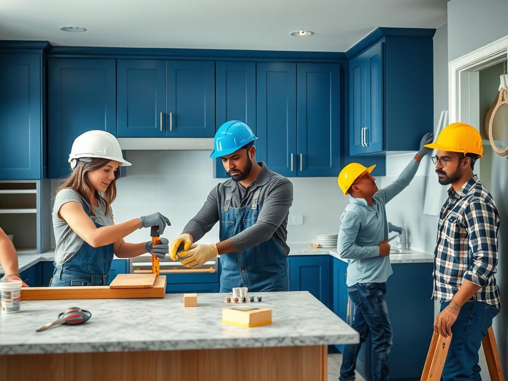 A realistic high-resolution photo of a construction group working on a kitchen renovation. The scene shows a diverse group of three professionals: a Caucasian woman installing cabinets, a Black man measuring countertops, and a Hispanic man painting the walls. They are all focused on their tasks, wearing safety gear, including hard hats and gloves. The kitchen is partially renovated, with rich blue cabinetry and soft gray walls in the background, showcasing a modern design. The lighting is bright and invitin