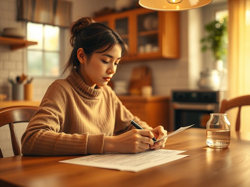 A cozy, serene image showing a person filling out an