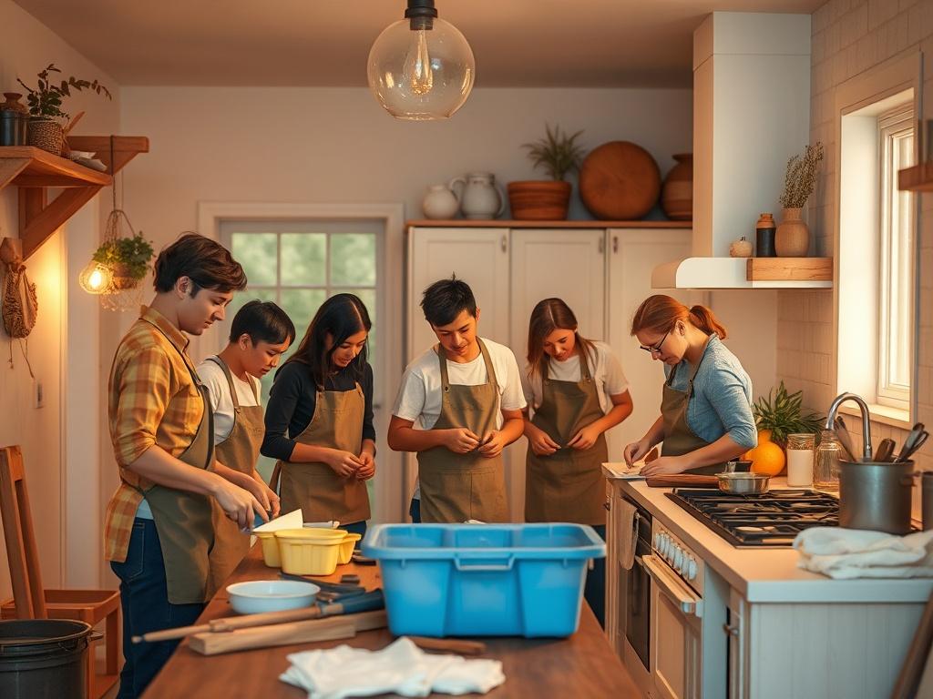 A team of volunteers actively renovating a kitchen, with tools