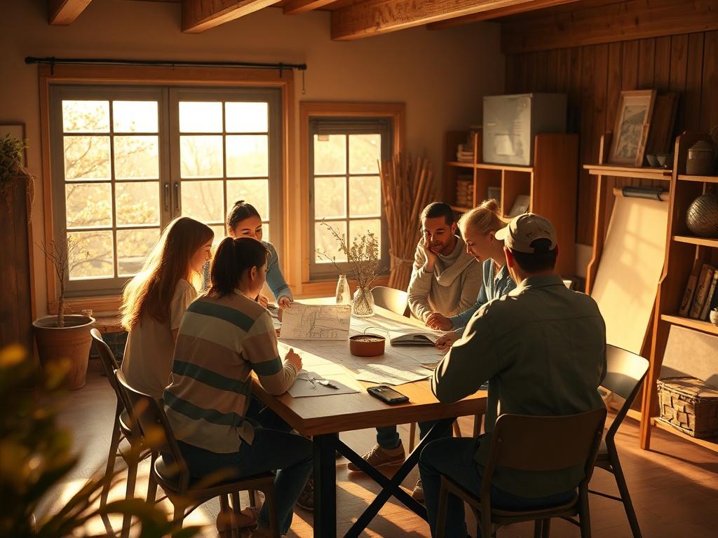 A group of volunteers gathered around a table, discussing project